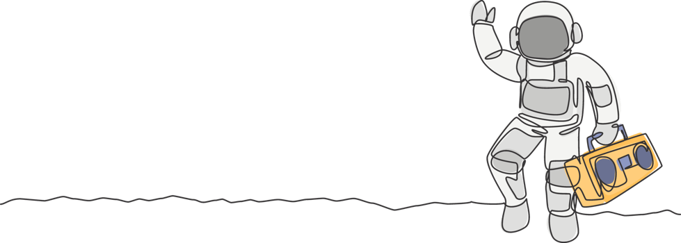 Single continuous line drawing of astronaut walking and holding retro radio with hand on moon surface. Outer space music concert concept. Trendy one line draw graphic design illustration png