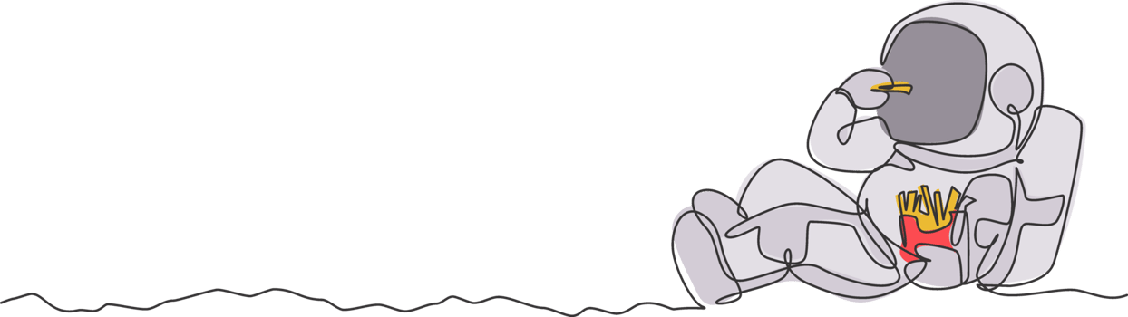 One continuous line drawing of cosmonaut laying relax on moon surface and eating french fries. Fantasy outer space astronaut life concept. Dynamic single line draw design illustration graphic png