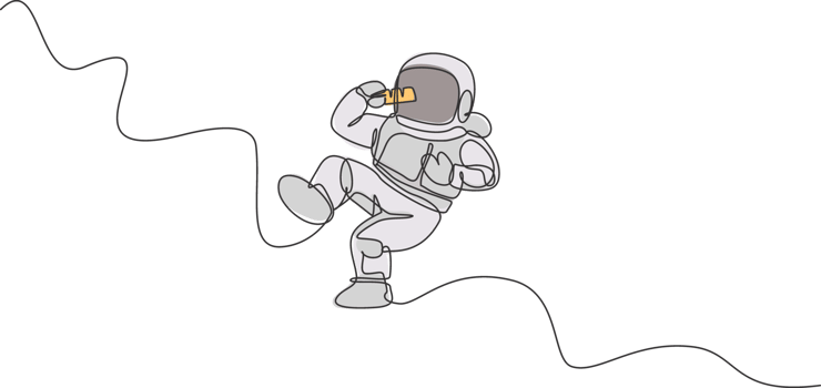 One continuous line drawing of cosmonaut eating sweet milk chocolate bar in galactic universe. Fantasy outer space astronaut life concept. Dynamic single line draw graphic design illustration png