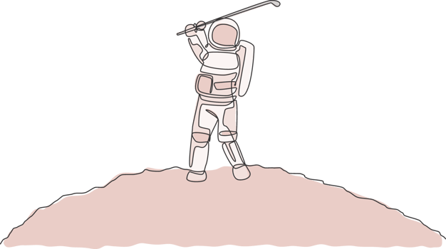 One continuous line drawing of astronaut golf training on moon surface, deep space galaxy. Spaceman healthy fitness sport concept. Dynamic single line draw design graphic illustration png