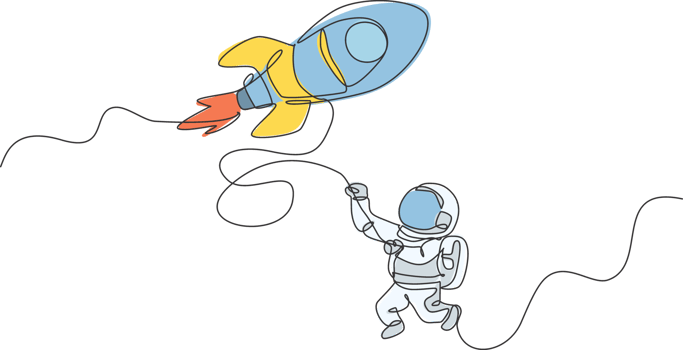 One single line drawing astronaut in spacesuit floating and discovering deep space with rocket spaceship illustration. Exploring outer space concept. Modern continuous line draw graphic design png