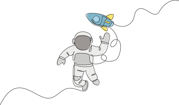One continuous line drawing of waving hand spaceman astronaut science discovering cosmos galactic with rocket. Cosmonaut in outer space concept. Dynamic single line draw design illustration png