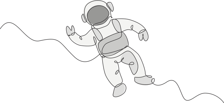 Single continuous line drawing of young cosmonaut scientist discovering spacewalk universe in vintage style. Astronaut cosmic traveler concept. Trendy one line draw design vector graphic illustration png