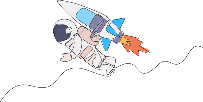 Single continuous line drawing astronaut in spacesuit flying at outer space with jetpack rocket spacecraft. Science milky way astronomy concept. Trendy one line draw design illustration graphic png