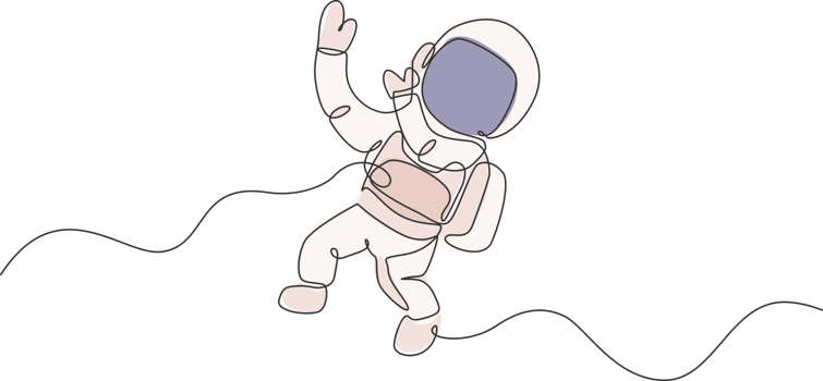 Single continuous line drawing of young cosmonaut scientist discovering spacewalk universe in vintage style. Astronaut cosmic traveler concept. Trendy one line draw graphic design illustration png
