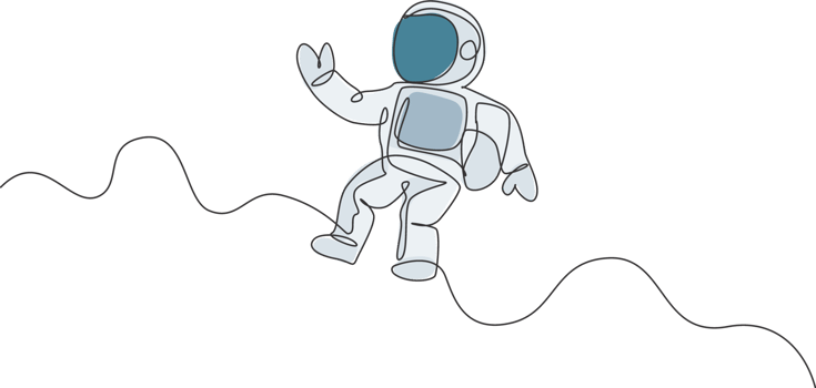 One continuous line drawing of young astronaut scientist exploring outer space in retro style. Spaceman cosmos discovery concept. Dynamic single line draw design graphic illustration png