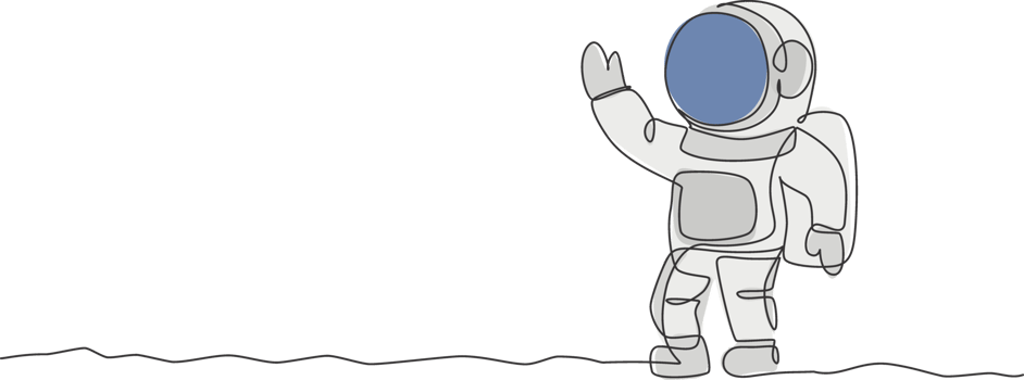 One single line drawing of young astronaut in spacesuit flying at outer space graphic illustration. Spaceman adventure galactic space concept. Modern continuous line draw design png