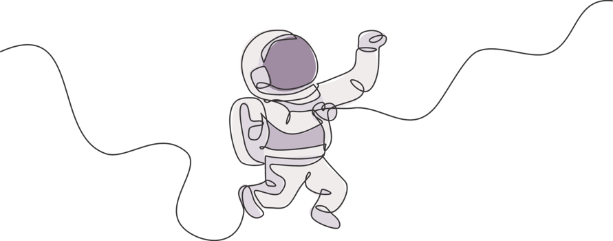 Single continuous line drawing of young cosmonaut scientist discovering spacewalk universe in vintage style. Astronaut cosmic traveler concept. Trendy one line draw design graphic illustration png