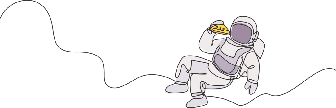 Single continuous line drawing spaceman relaxing and eating spicy delicious Italian pizza in nebula galaxy. Fantasy fiction outer space life concept. One line draw design illustration graphic png