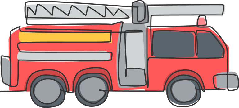 Continuous one line drawing of emergency road vehicle fire engine. Fire truck rescue as fire fighter apparatus hand drawn minimalist concept. Modern single line draw design graphic illustration png