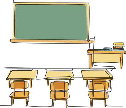 Continuous one line drawing interior design at school classroom with  board. Back to school hand drawn minimalism concept. Single line draw design for education graphic illustration png