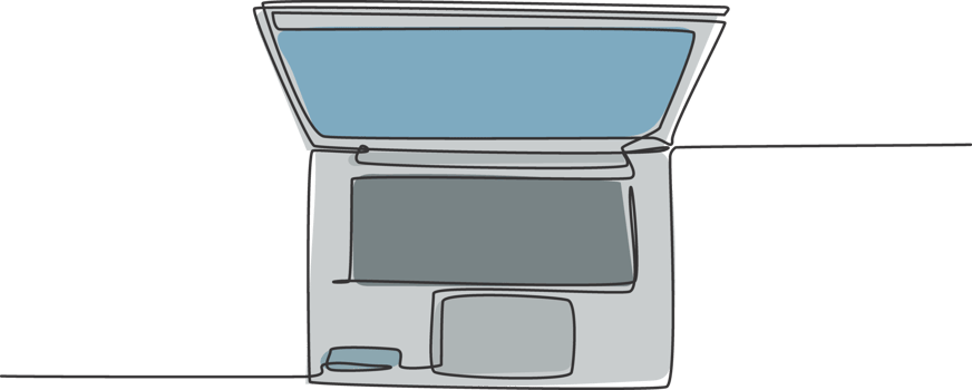 One single line drawing of modern laptop computer for supporting business, top view. Electricity small home office equipment tools concept. Dynamic continuous line draw design illustration png