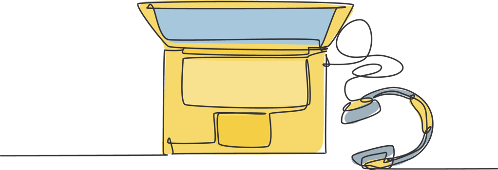 One single line drawing of laptop and classic headphone from top view. Entertainment computer concept. Dynamic continuous line graphic draw design illustration png