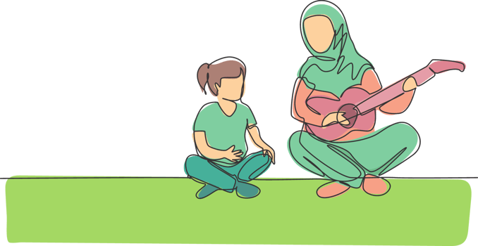 One single line drawing of young Arabian mother playing guitar to accompany her daughter singing illustration. Happy Islamic muslim family parenting concept. Modern continuous line draw design png