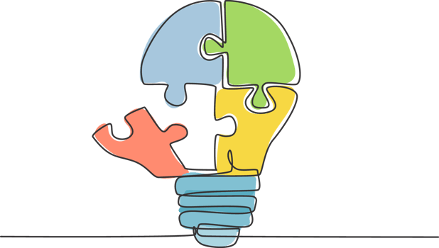 Single continuous line drawing of part of puzzles forming bright light bulb logo label. Team building smart company icon label concept. Trendy one line draw graphic design illustration png