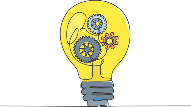 Single continuous line drawing of clean lightbulb with gear wheel mechanic inside for logo label. Creative workshop logotype symbol template concept. Dynamic one line draw graphic illustration png