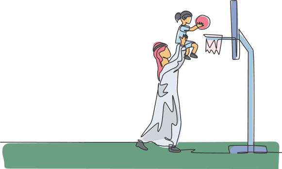 Single continuous line drawing of young Islamic help lifting her daughter to put a ball in basket hoop . Arabian muslim happy family fatherhood concept. Trendy one line draw design illustration png