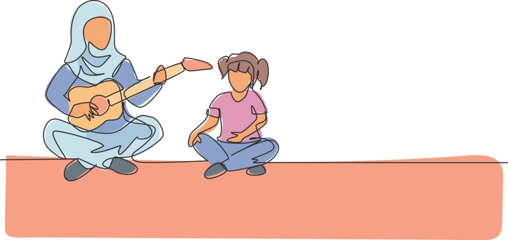 One continuous line drawing of young Arabian mom teach daughter playing guitar and singing at home. Happy Islamic muslim parenting family concept. Dynamic single line draw design illustration png