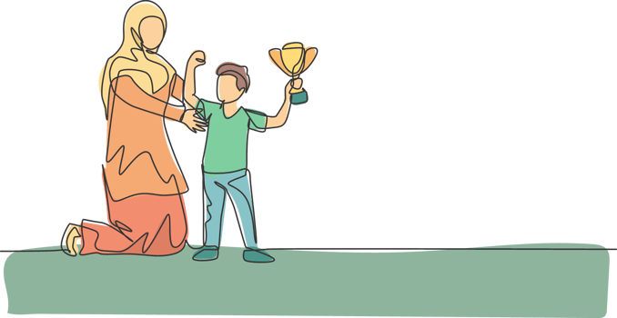 One continuous line drawing of young Arabian mother congratulate son of the award trophy that he won. Happy Islamic muslim parenting family concept. Dynamic single line draw design illustration png