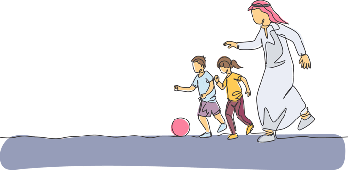 Single continuous line drawing of young Arabian dad running and playing soccer with his son and daughter. Islamic muslim happy family fatherhood concept. One line draw design illustration png