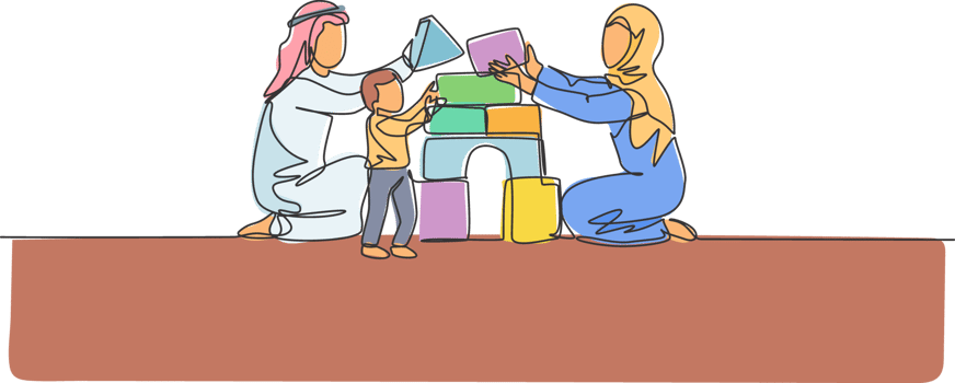 Single continuous line drawing of young Arabian couple playing brick foam puzzle house with their son. Islamic muslim family care, parenthood concept. Trendy one line draw design illustration png
