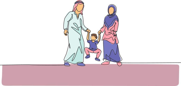 One single line drawing of young Islamic mother and daughter playing and lifting their son's hand together illustration. Happy Arabian family parenting concept. Continuous line draw design png