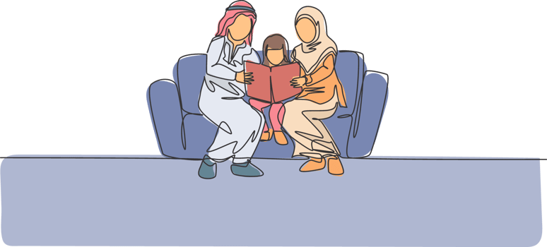 Single one line drawing young Arabian mom and dad reading a book together on sofa with their girl illustration. Happy Islam muslim family parenting concept. Continuous line graphic draw design png