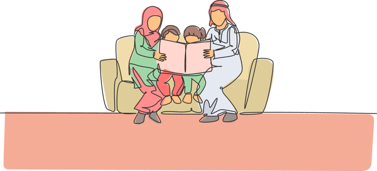 Single continuous line drawing of young Arabian family sitting on sofa together reading a book. Islamic muslim happy family parenthood concept. Trendy one line graphic draw design illustration png