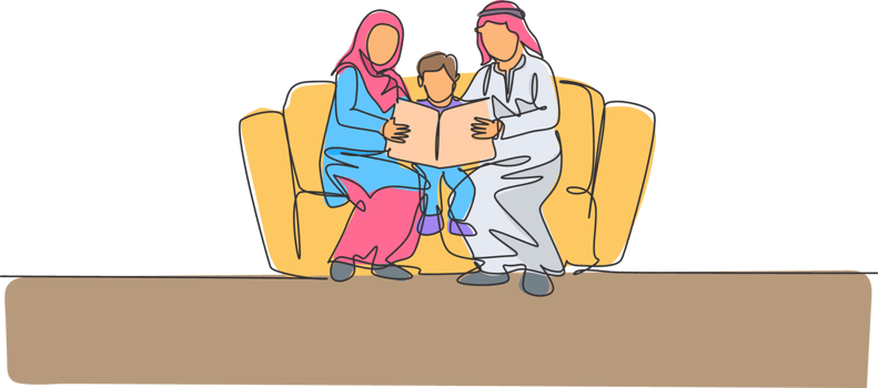 Continuous one line drawing of young Arabian parent sitting on sofa with their boy, reading a book. Happy Islamic muslim parenting family concept. Single line graphic draw design illustration png