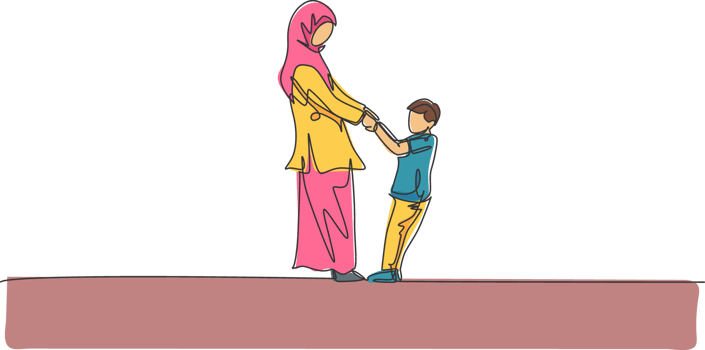 Single one line drawing of young Arabian mom and son playing and holding together at home illustration. Happy Islamic muslim family parenting concept. Modern continuous line graphic draw design png