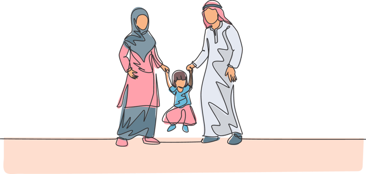 Single continuous line drawing of young Islamic mom and dad playing and holding their daughter's hand, happy parenting. Arabian family care concept. Trendy one line draw design illustration png