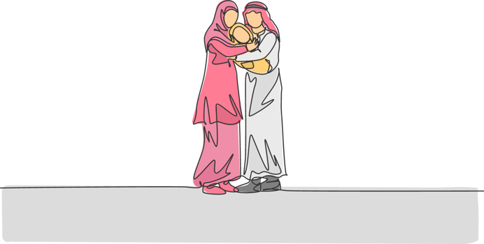 One single line drawing of young Arabian father and mother hugging their baby full of love illustration. Islamic Muslim happy family parenting concept. Modern continuous line draw design png
