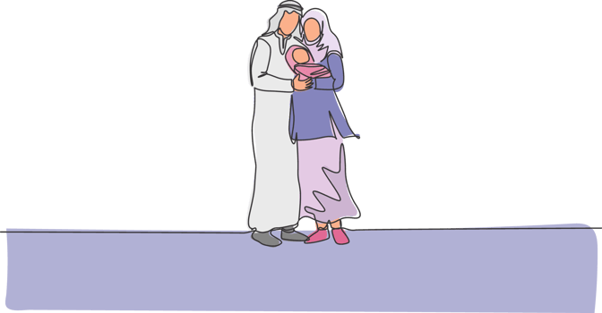 One continuous line drawing of young Islamic dad and mom standing and hugging their sleepy baby. Arabian Muslim happy family parenting concept. Dynamic single line draw design illustration png