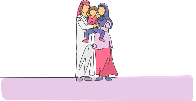 Single continuous line drawing of young happy Islamic mother and father hugging and lifting their boy son together. Muslim happy family parenting concept. One line draw design illustration png