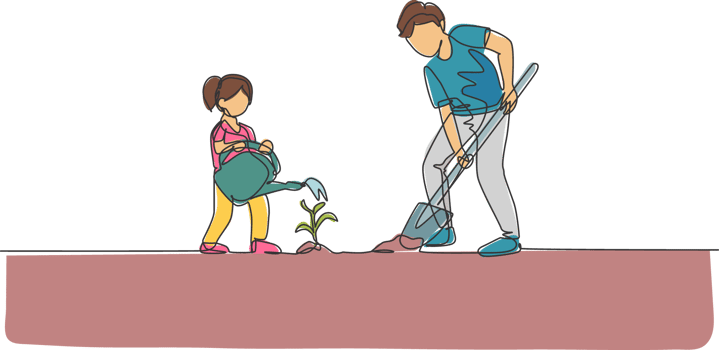 One single line drawing young father digging ground using shovel and daughter watering a plant at home garden illustration. Happy parenting learning concept. Continuous line graphic draw design png