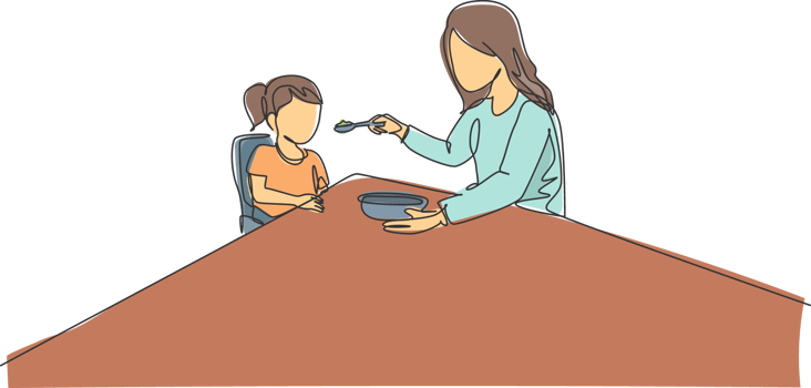 Single continuous line drawing of young mother feeding her sick fever daughter while siting on dining chair at home. Happy family parenthood concept. Trendy one line draw design illustration png