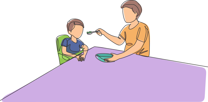 One continuous line drawing of young father feeding his sick fever son while siting on dining chair at home. Happy family parenting concept. Dynamic single line draw design graphic illustration png