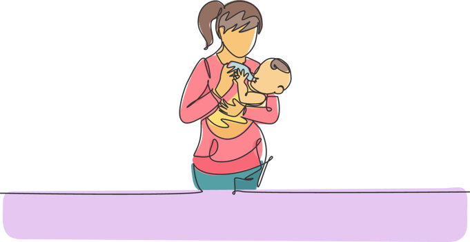 One single line drawing of young mother carrying and feeding her baby with nutritious food at home illustration. Happy parenting learning concept. Modern continuous line draw graphic design png
