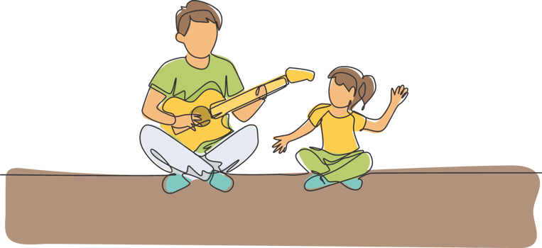 One single line drawing young father playing guitar and happy singing together with his daughter at home graphic illustration. Happy family bonding concept. Modern continuous line draw design png