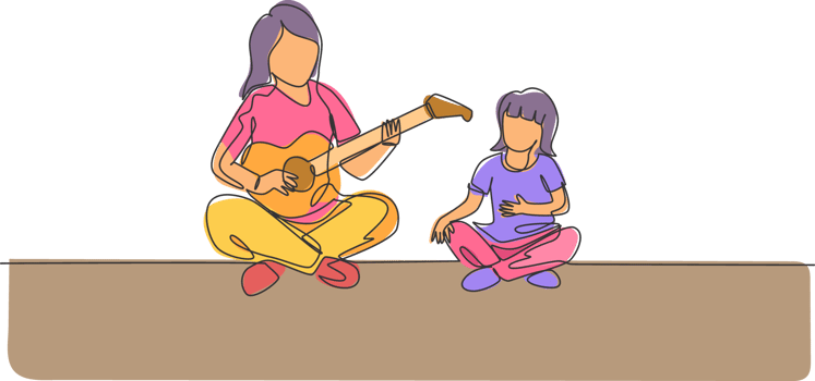 Single continuous line drawing of young mother playing guitar and happy singing together with her daughter at home. Happy family parenthood concept. Trendy one line draw design illustration png