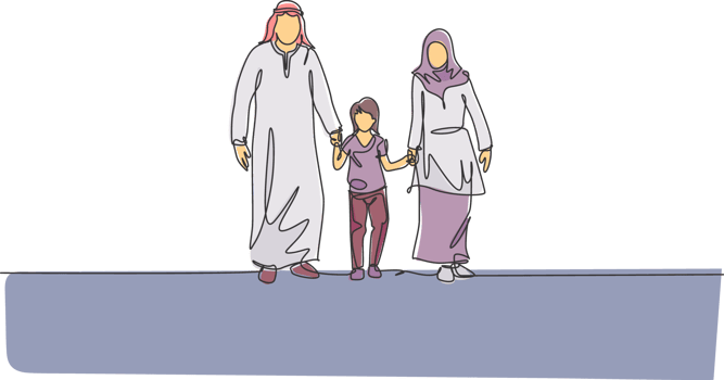 Single continuous line drawing of young Arabian mom and dad walking and holding their daughter's hand together. Islamic muslim happy family parenting concept. One line draw design illustration png
