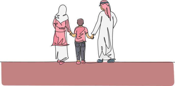 One single line drawing of young Islamic mom and dad walking together and hold their boy's hand illustration. Arabian muslim happy family parenting concept. Modern continuous line draw design png