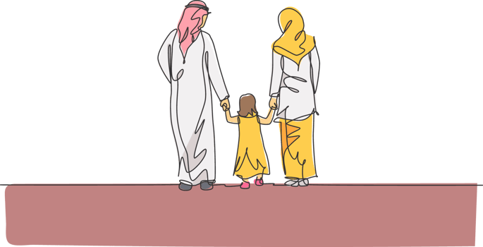 Single continuous line drawing of young Islamic mom and dad walk while hold their daughter girl's hand together. Arabian Muslim happy family parenting concept. One line draw design illustration png