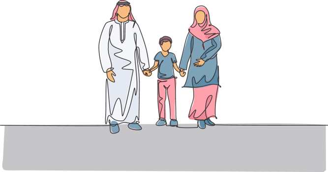 Single continuous line drawing of young Arabian mother and father walk together and hold their boy son's hand. Islamic Muslim happy family parenting concept. One line draw design illustration png
