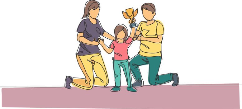 Single continuous line drawing of little girl celebrate trophy victory with her parent after winning competition. Happy family parenting concept. Trendy one line draw design illustration png