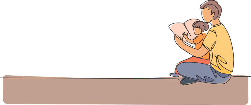 One continuous line drawing of young dad sitting on floor and reading story book to his daughter at home. Happy family parenthood concept. Dynamic single line graphic draw design illustration png