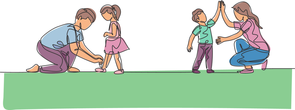 Single continuous line drawing of young mom giving high five to son and dad tying his daughter shoelaces at home. Happy family parenting concept. Trendy one line draw design illustration png