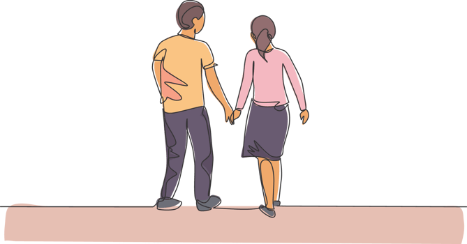 Single continuous line drawing of young couple wife and husband walking together and holding hand, back view. Happy family parenting concept. Trendy one line draw design illustration png