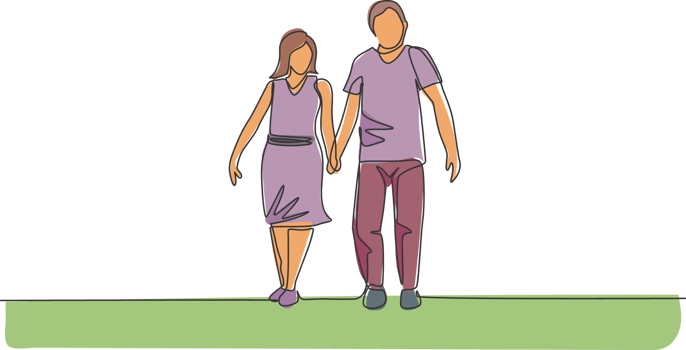 One continuous line drawing of young couple wife and husband walking and holding hand together at park. Happy family parenting concept. Dynamic single line draw design illustration png