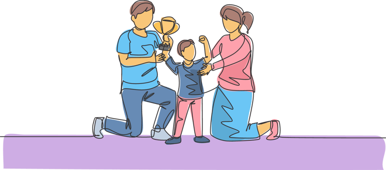 One continuous line drawing of little boy celebrate trophy victory with his mother and father after win competition. Happy family parenting concept. Dynamic single line draw design illustration png